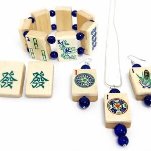 Elegant Vintage Mahjong Tile Jewelry Set with Glass Beads Accents